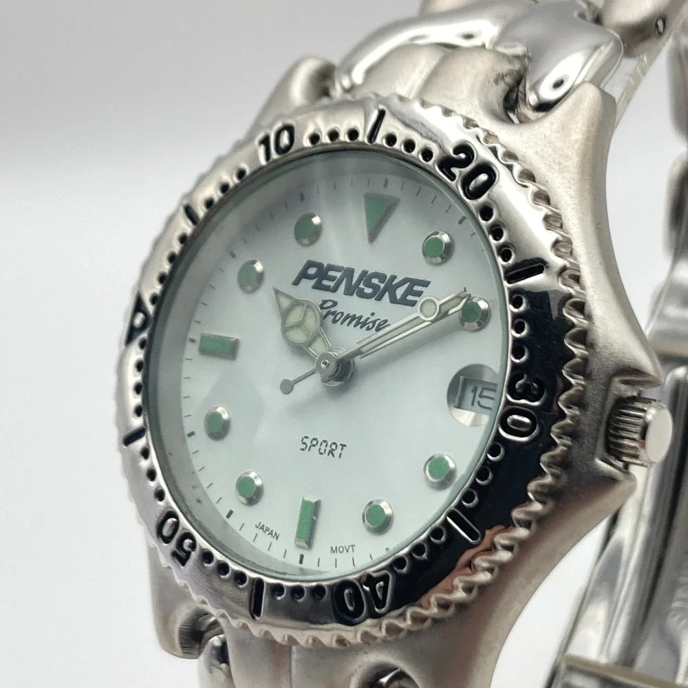 Penske Men's Diver Watch 36mm Silver Tone Matte Rotating Bezel New Battery 8.25